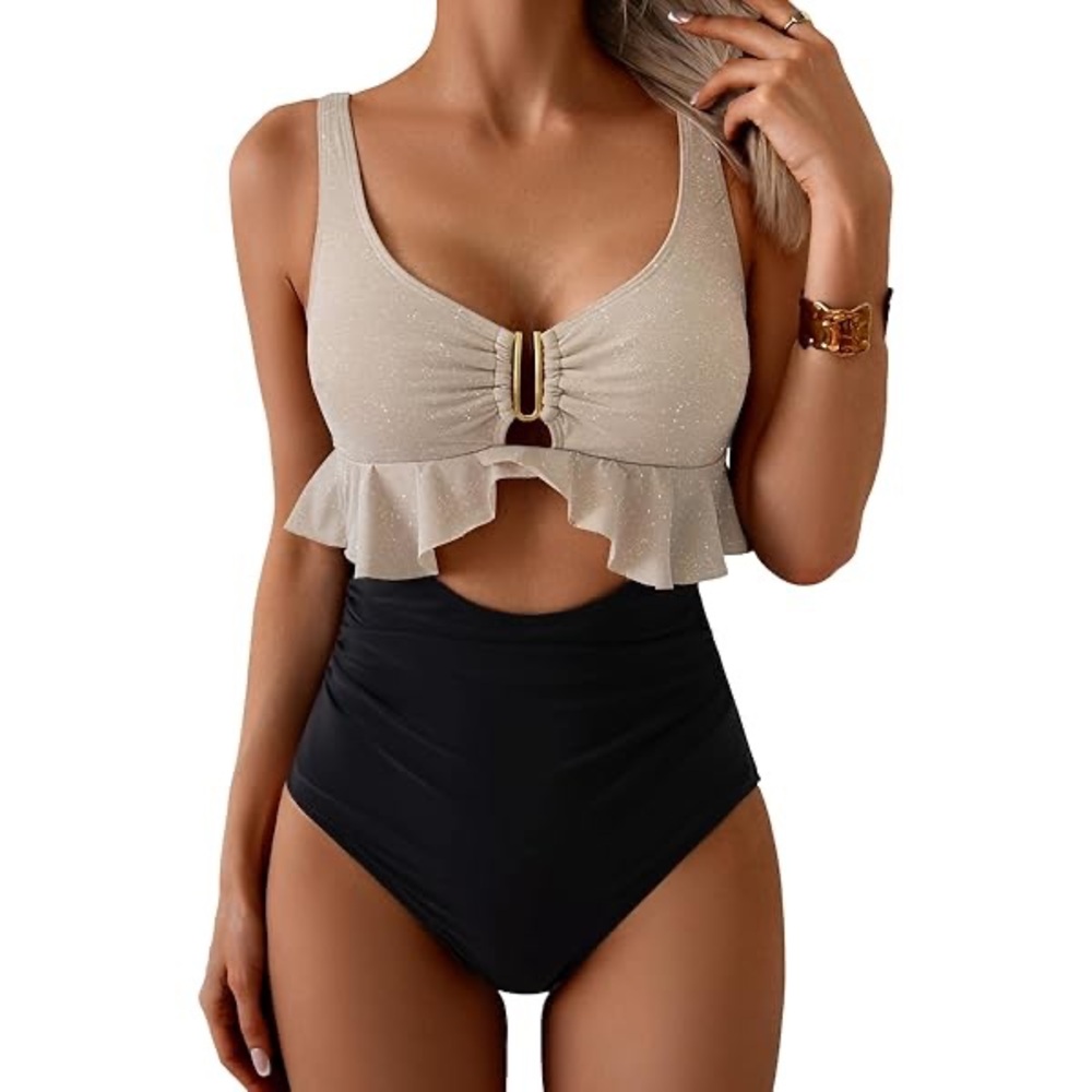 Beige Ruffle Bikini Top with Black High-Waisted Bottom